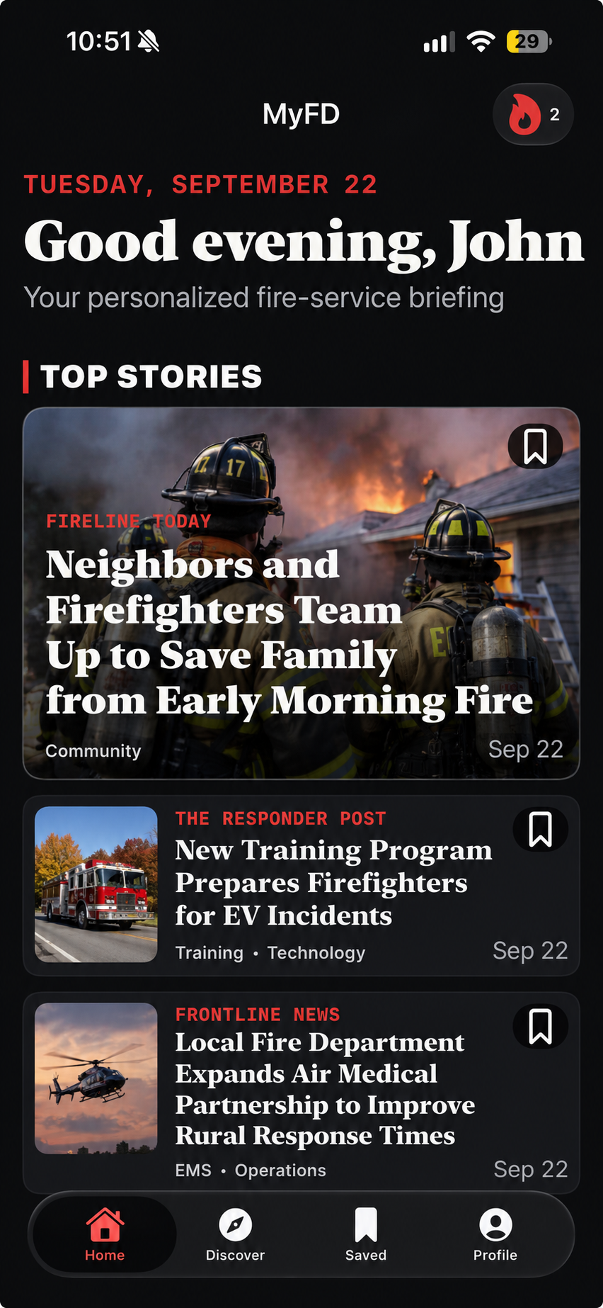 MyFD app home screen showing the personalized fire-service briefing